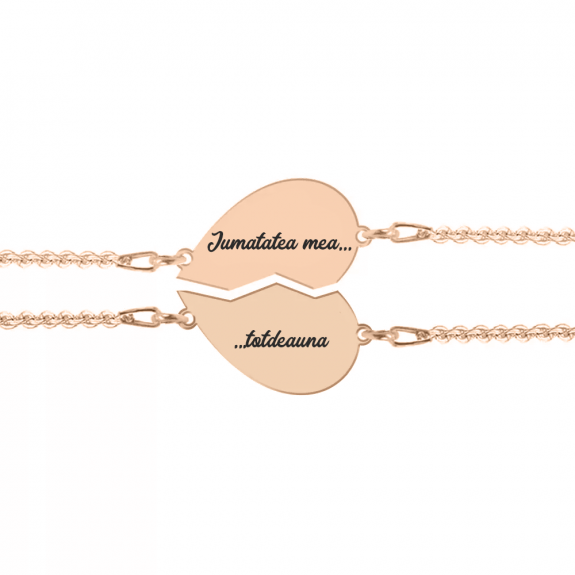 Set bratari argint cuplu inimioare 16 mm (2 bucati incluse) - personalizate cu text - placate cu aur roz